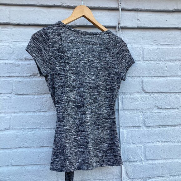 A'GACI Short Sleeve Wrap Top Knit Tie Waist V-Neck Blouse Gray White Melange XS/ - Picture 2 of 4